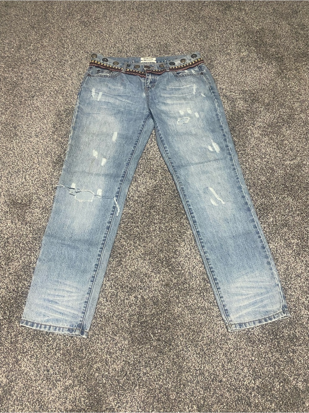 One Teaspoon Light Blue Distressed Boyfriend Jeans Studded Embroidered Waist